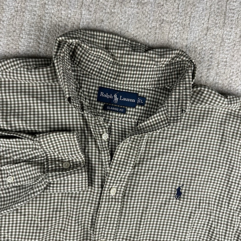 Polo Ralph Lauren Mens Large Green Brown Gingham Check Button Down Classic